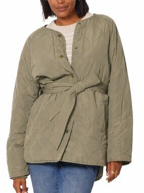 EVEREVE Toni Sage Quilted Tie Waist Jacket Coat Puffer Snap Front Green Women XS
